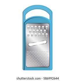 Metallic kitchen grater with handle and plastic casing. Vector illustration on white background.