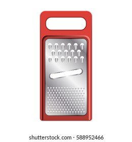 Metallic kitchen grater with handle and plastic casing. Vector illustration on white background.
