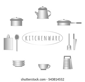 Metallic kitchenware set. Cooking facilities. Simple style. 
