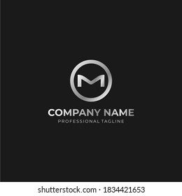 metallic letter m logo template. silver monogram isolated on black background vector