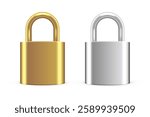 Metallic locks set. Closed golden and silver padlocks isolated on transparent background. Safety and security concept. House protection. Game icons. Realistic vector illustrations.