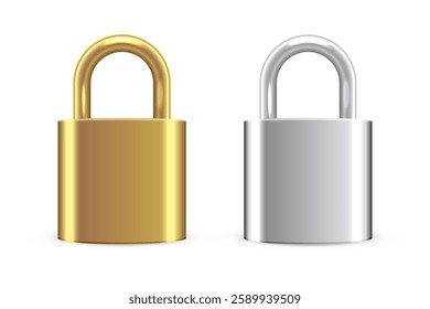 Metallic locks set. Closed golden and silver padlocks isolated on transparent background. Safety and security concept. House protection. Game icons. Realistic vector illustrations.