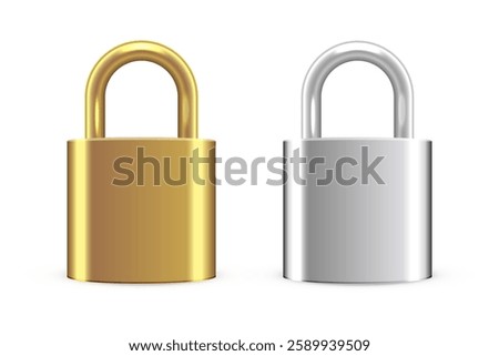 Metallic locks set. Closed golden and silver padlocks isolated on transparent background. Safety and security concept. House protection. Game icons. Realistic vector illustrations.