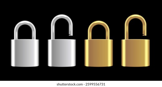 Metallic locks set. Gold and silver padlocks isolated on black background. Closed and opened locks. Safety and security concept. House protection. Game icons. Realistic vector illustrations.