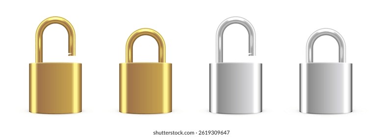 Metallic locks set. Gold and silver padlocks isolated on transparent background. Closed and opened locks. Safety and security concept. House protection. Game icons. Realistic vector illustrations.
