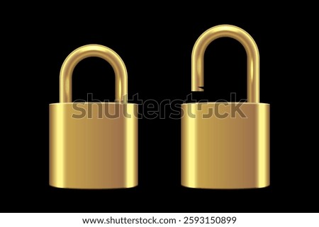 Metallic locks set. Golden closed and open padlocks isolated on black background. Safety and security concept. House protection. Game icons. Realistic vector illustrations.