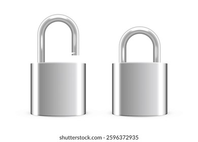 Metallic locks set. Silver closed and open padlocks isolated on transparent background. Safety and security concept. House protection. Game icons. Realistic vector illustrations.