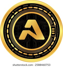 Metallic looking aethir-ath cryptocurrency drawings on abstract background. 3d illustrations.