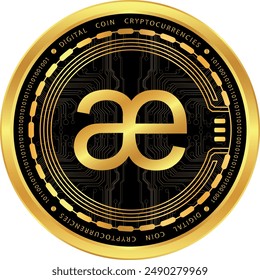 Metallic looking aevo cryptocurrency drawings on abstract background. 3d illustrations.