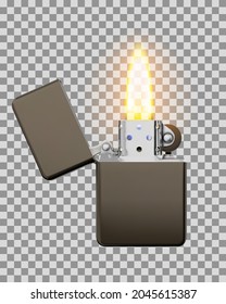 Metallic luxury lighter with open cover and transparent flame lit. Vector illustration on checkered background