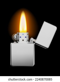 Metallic luxury lighter with open cover and transparent flame lit. 3D Illustration