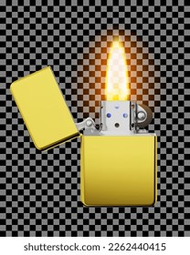 Metallic luxury lighter with open cover and transparent flame lit. 3D Illustration