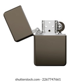 Metallic luxury lighter with open cover isolated on white background. 3D Illustration