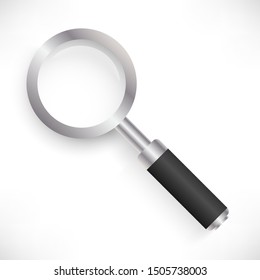 Metallic magnifier with reflection, black handle, realistic shadow isolated on white background. Search icon top view. Magnifying glass vector illustration