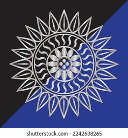 Metallic Mandala Flower Design Vector In Black And Navy Blue Background. Flower icon, flower symbol.