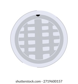 Tampa metálica de bueiro com um padrão de grade que isola em branco, representando o acesso de utilidade subterrânea, sistemas de drenagem urbana e engenharia da cidade em um estilo de ilustração simples e limpo