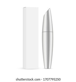 Metallic mascara with paper box mockup isolated on white background. Vector illustration