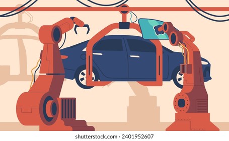 Metallic Mechanical Arms Assembling Cars On A Factory Conveyor. They Weld, Fit, And Sculpt Automotive Marvels