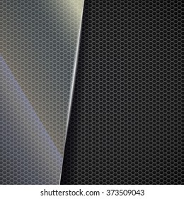 Metallic mesh background with glow and reflection on glass framework. Vector illustration.