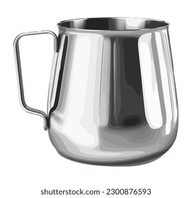 La manija metálica de la taza refleja el diseño blanco sobre el blanco