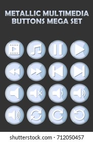 Metallic multimedia buttons set for website, elegant icons with pictogram symbols, vector EPS 10