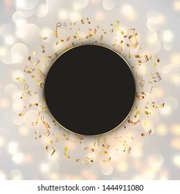 Metallic music notes on a bokeh lights background