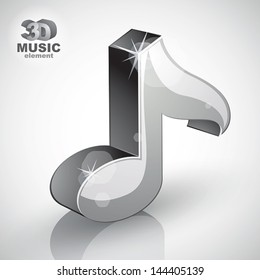 Metallic musical note icon isolated, 3d music design element, image contain transparent shadows reflections and flares  Ã?Â¢?? ready to put over any background.
