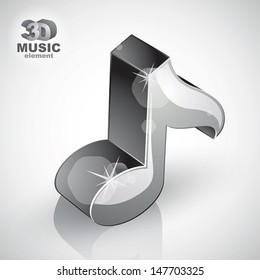 Metallic musical note icon from upper view isolated, 3d music design element, image contain transparent shadows reflections and flares  Ã?Â¢?? ready to put over any background.