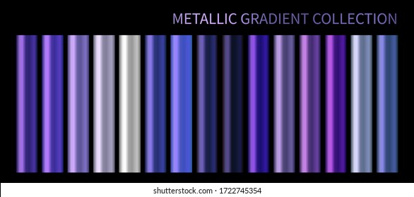 Conjunto de paletas de color vectorial cromado de neón azul metálico y color púrpura. Plantilla de muestra de color de fondo holográfico para banner, pantalla, móvil, etiqueta, rótulo de barra. Diseño vectorial de gradiente de color metálico