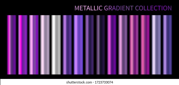 Metallic neon blue purple chrome gradient vector colorful palette set. Holographic background color swatch template for banner, screen, mobile, label, bar signboard. Metal color gradient vector design