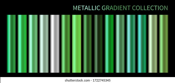 Metallic neon green chrome gradient vector colorful palette set. Holographic background color swatch template for banner, screen, mobile, label, web. Metal color gradient vector design