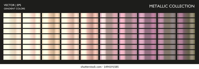 Metallic neon, rose, gold, silver, bronze colorful palette set. Gradient background template for screen, mobile, banner, label, tag, packaging, print. Vivid color combination.