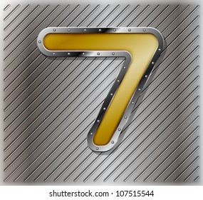 Metallic number seven, with rivets on a striped perforated metallic background