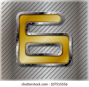 Metallic number six, with rivets on a striped perforated metallic background