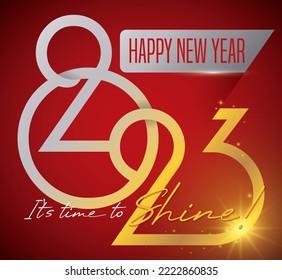 Metallic numbers with glow and greeting, inviting you to shine during the New Year 2023. Design in gradient style over red background.