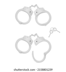 Esposas metálicas abiertas y cerradas con teclas configuran una ilustración vectorial de plantilla realista. Cosas de milagros para delincuentes y presos encarcelados castigo. Justicia culpable y pulsera de acero liberada