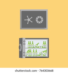 metallic opened & closed electronic strongbox vector. concept & creative digital iron safe box isolated cartoon. save & hide your beer bottle flat design. alcohol addiction or addicted idea. 