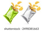 Metallic packaging with crispy potato chips flying out of the bag. Pack mockup for snack food refreshment. Isolated on white background. Vector illustration.