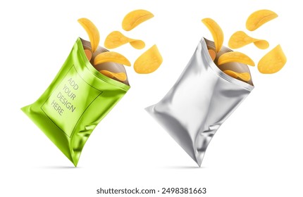 Embalaje metálico con papas fritas crujientes volando fuera de la bolsa. Maqueta del paquete para el refresco de la comida del bocado. Aislado sobre fondo blanco. Ilustración vectorial.