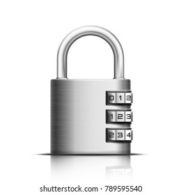 Metallic padlock. Steel closed padlock. Vector illustration.