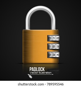 Metallic padlock. Steel closed padlock. Vector illustration.