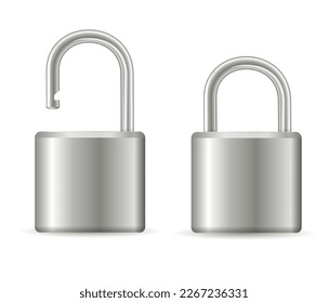 Metallic padlocks set. Steel silver closed and open padlock isolated. Chrome locks template.Vector