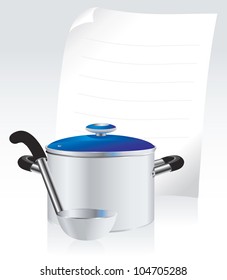 metallic pan, covered with lid, ladle  and white sheet of paper for your text