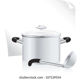 metallic pan, covered with lid, ladle  and white sheet of paper for your text