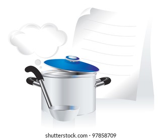 metallic pan, covered with lid, ladle  and white sheet of paper for your text