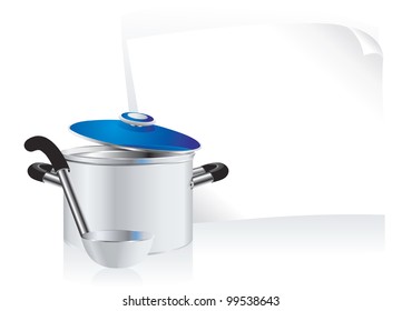 metallic pan, covered with lid, ladle  and white sheet of paper for your text