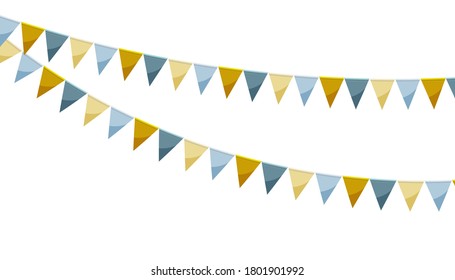 Metallic paper bunting party flags isolated on white background. Carnival garland with flags. Decorative colorful party pennants for birthday celebration, festival decor. Colorful bunting flags.