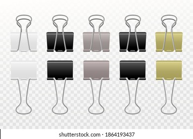 clips metálicos de papel. Colección de papel de acero aglutinante realista, clips de metal abierto y cerrado de diferentes colores dorados y plateados, negro y blanco, herramientas de oficina y de escuela conjunto aislado