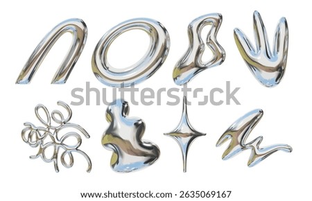 Metallic Pastel Abstract Shape Symbol. A creative set of 8 metallic pastel abstract elements featuring loops sparks blobs scribbles and zigzags in shiny chrome. Perfect for modern design overlays icon