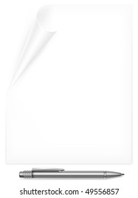 Metallic pen end white curled paper page, vector illustration